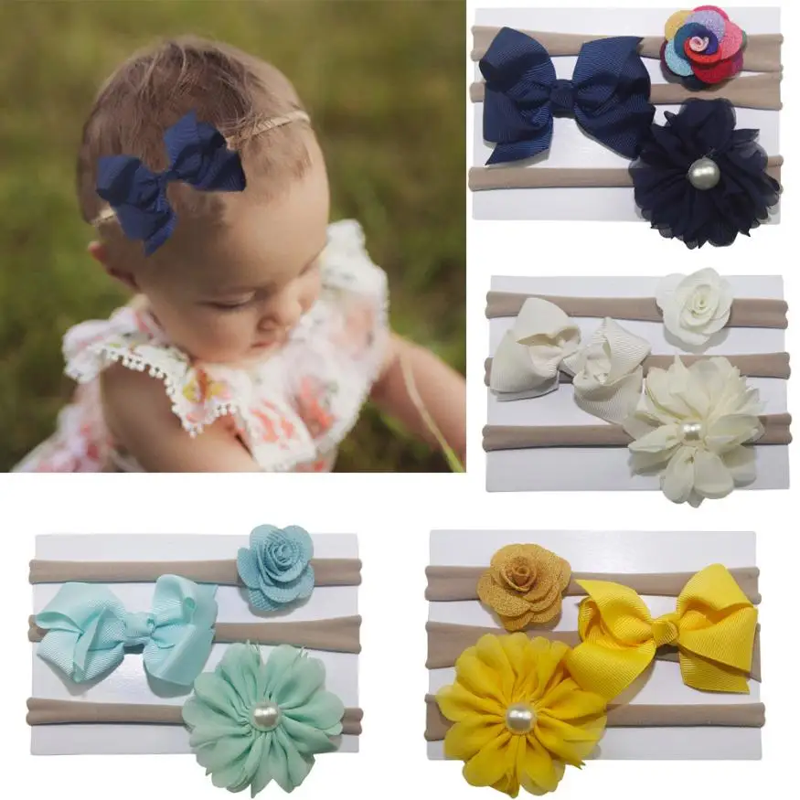 3Pcs Kids Elastic Floral Headband Pearl Hair Girls baby accessories Bowknot Hairband Set photography props bebe 0718 | Детская одежда и