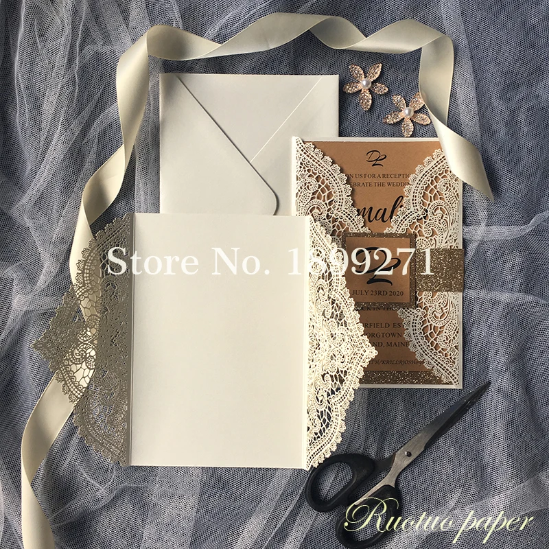 Ivory Lace Laser Cut Wedding Invitations With rose gold gillter ribbon/backgroud Rectangle Wedding Die Cut Laser Cut Traditional