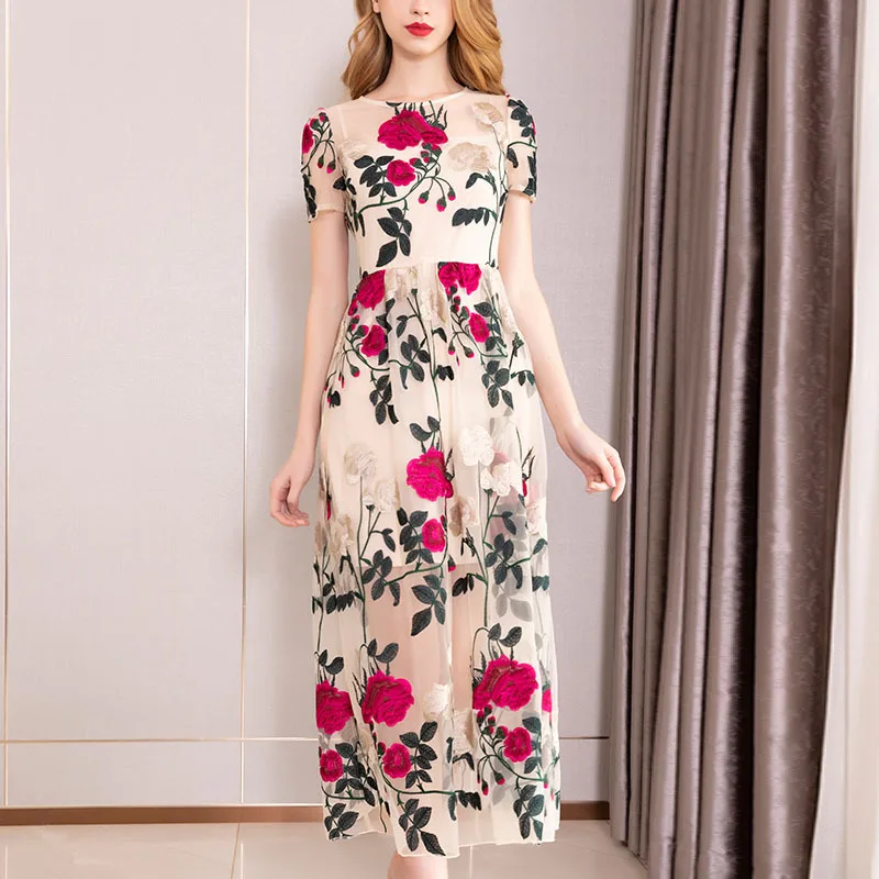Embroidery Floral Print Long Swing Dress Summer High Quality Ladies Dresses Formal Women Elegant Mesh Holiday Birthday sukienka | Женская