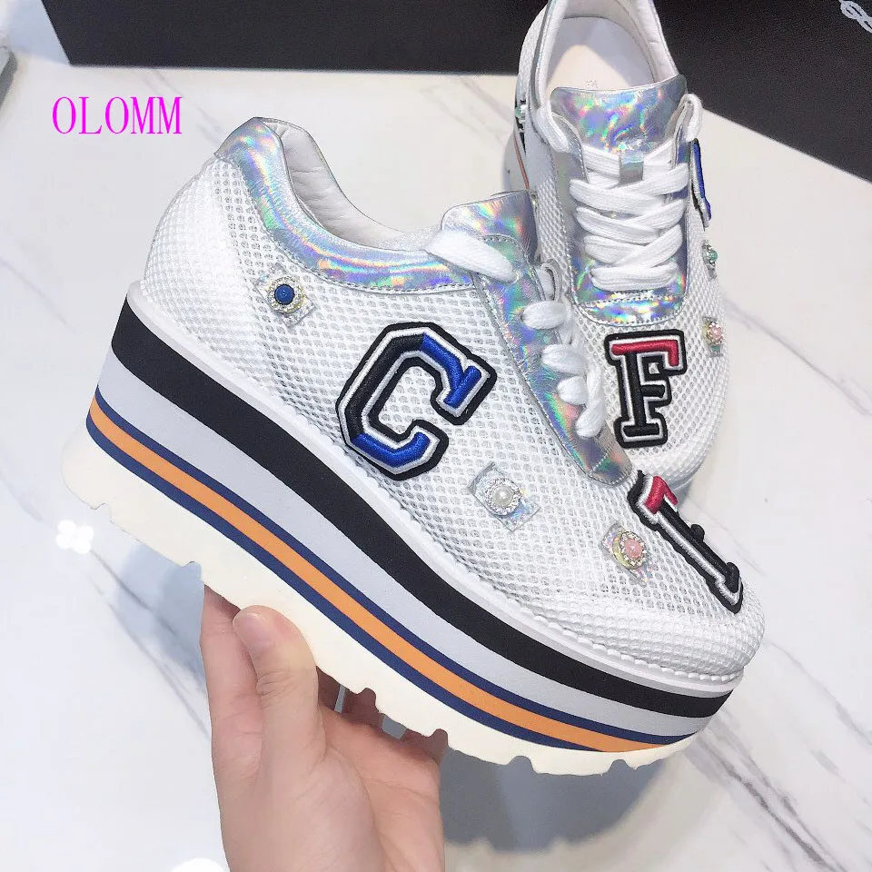 Sneakers Rainbow Height Increasing Shoes Woman Casual Laces up Platform Girls Genuine Leather Ladies | Обувь