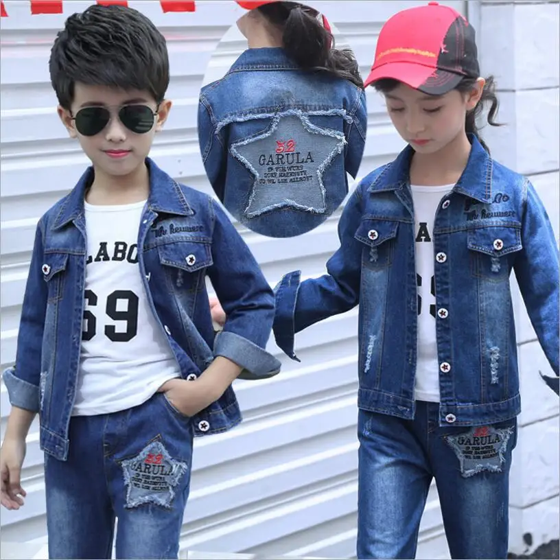 2018 New Children Spring/Autumn Set Boy/Girl Fashion Letter Embroidered Denim Jacket Jeans Suit Kids Baby Casual Clothes | Детская