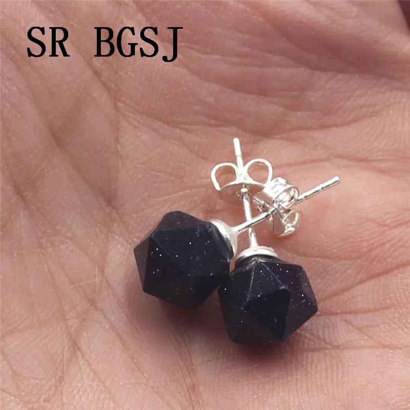 Free Shipping 8mm Sand Stone Tiger Eye Onlyx Round Natural Polygonal Faceted Gems Beads Stud Earrings|Серьги-гвоздики| |