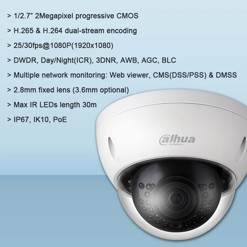 Оригинальная сетевая мини купольная камера Dahua IPC HDBW1230E 2MP IR с максимальной длиной