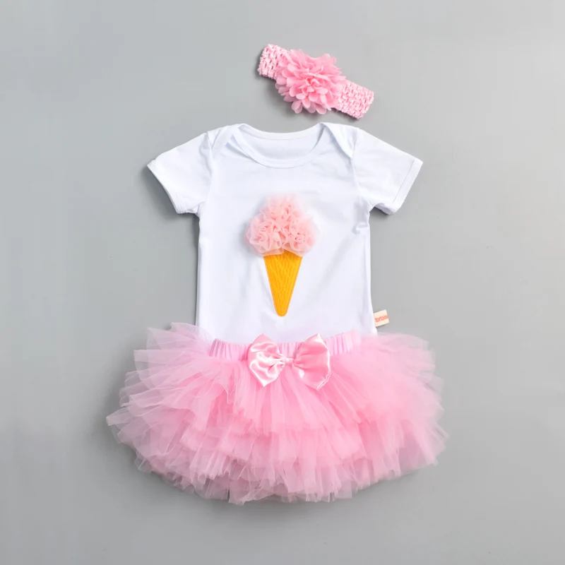 Pink Ice cream Одежда для первого дня рождения; комплект одежды для маленьких девочек; хлопковые боди для новорожденных; розовая юбка-пачка; повязка на голову; комплекты из 3 предметов; Одежда для младенцев - Цвет: Pink Ice cream