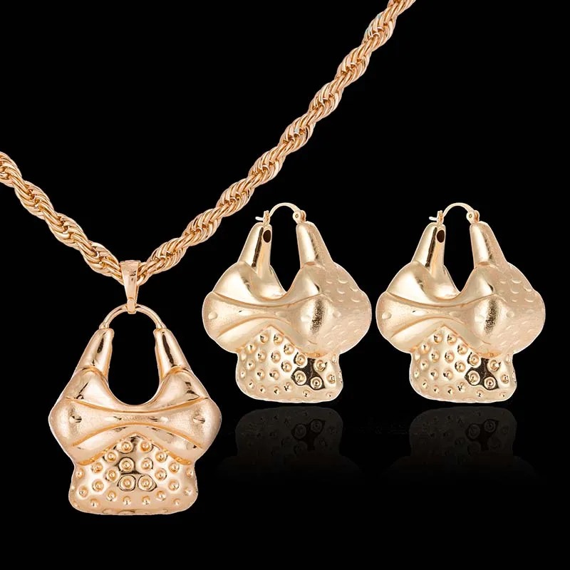 

Gold Color Bride Earrings Pendant for Women Nigerian African Wedding Accessories Gifts Rose Color Necklaces Jewelry SetsCE130