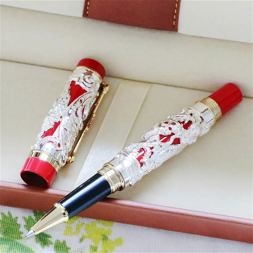 Роскошная Шариковая ручка JINHAO Dragon and Phoenix 0,7 мм, тяжелая Ручка-роллер, офисные принадлежности, подарок - Цвет: Silver-red
