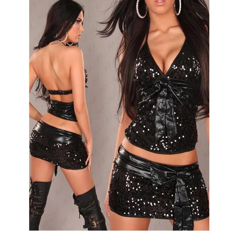 

2 Pcs Clubwear Sexy V-Neck Backless Outfits Black Halter Shiny Sequin Mini Dress Women Pole Dancing Club Party Dress Robe Femme