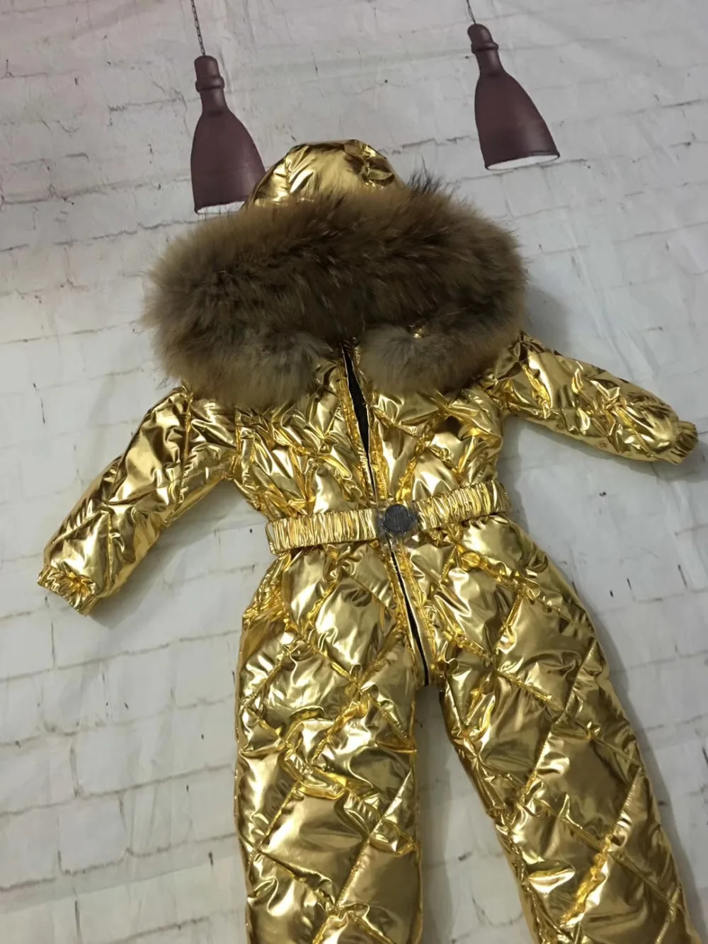 70cm-150cm Real fur hooded baby outergoing Winter children jumpsuit snow suit girl down boy Baby coveralls ski suit