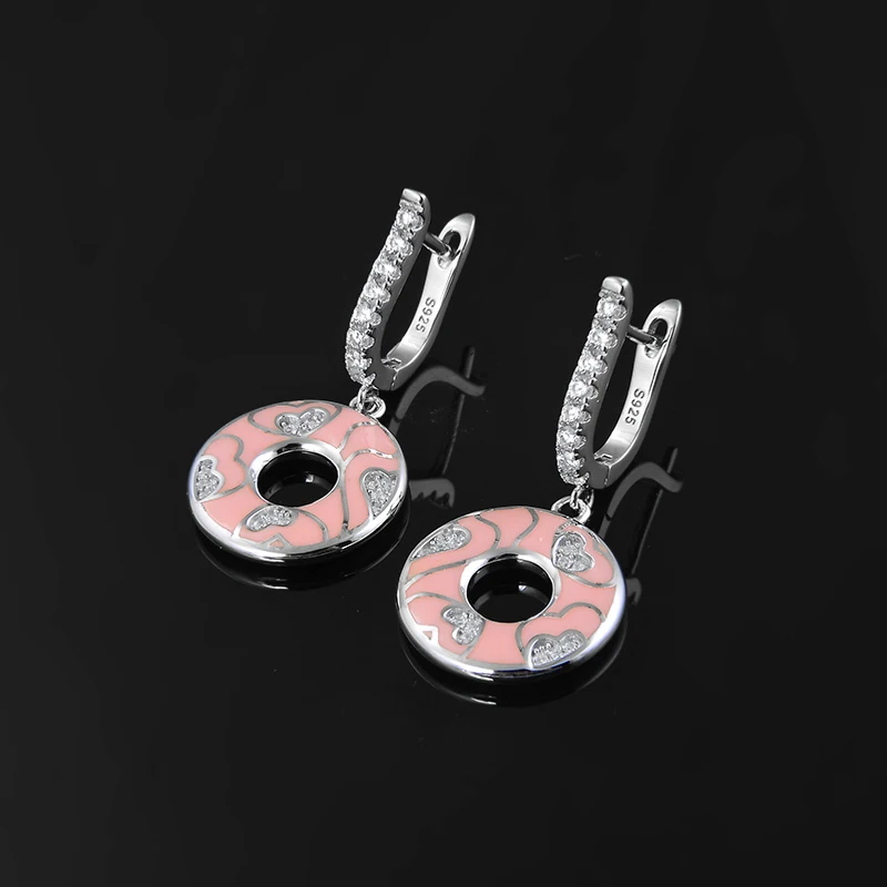 Fashion New 100% 925 Sterling Silver Round Pink enamel Clear CZ dangle Earrings For women s luxury Party Jewelry | Украшения и
