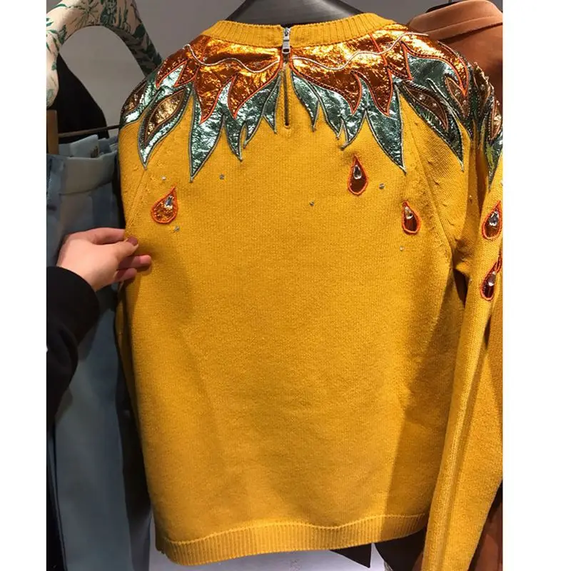Fashion Brand Runway Designer Sweater Women Pullovers Diamonds Beading Embroidery Vintage Yellow Knitted Jumper 2019 pull femme | Женская