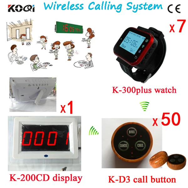 

Restaurant Waiter Buzzer Pager System With 1pc English Prompt Screen,7pcs Waitress Watches,50pcs Call Bells