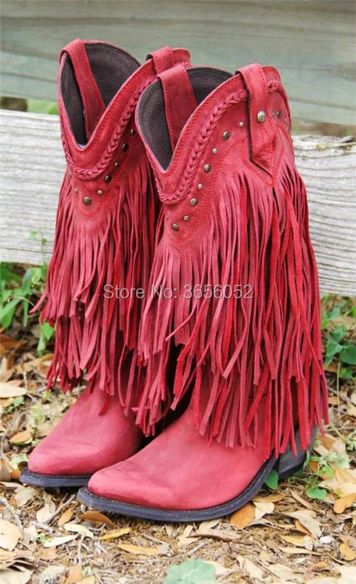 Винтажные кожаные дамские ботинки Осень зима с острым носком бахромой до