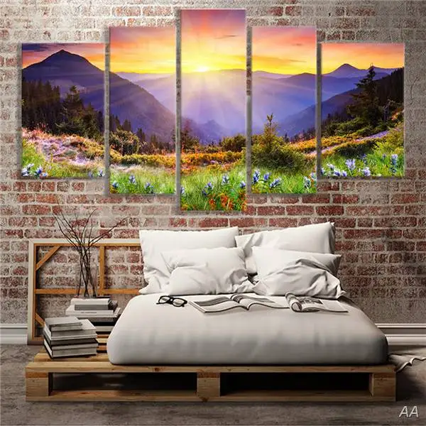 5 панельных канавас живопись искусство горный лес солнечный свет украшение для