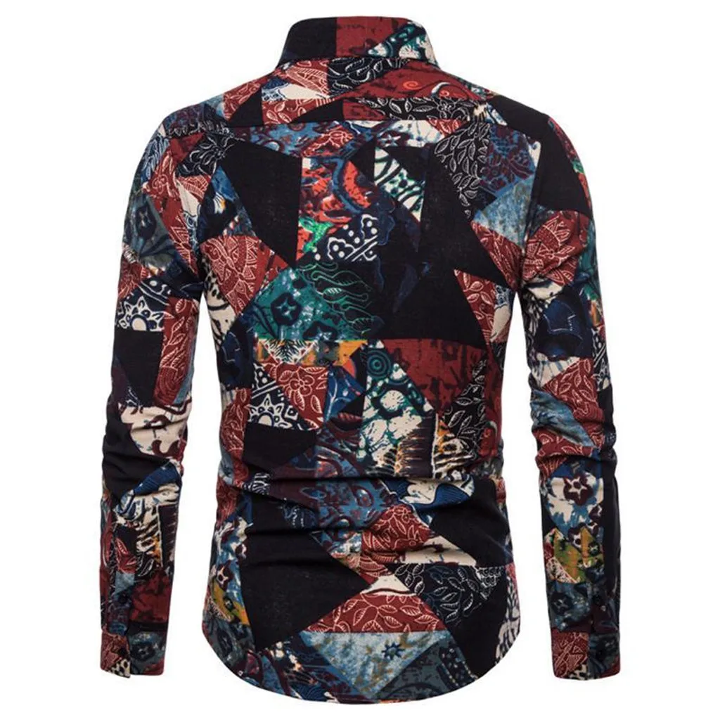 Летний Новый Стиль Мужские Винтажные этнические с принтом отложной воротник