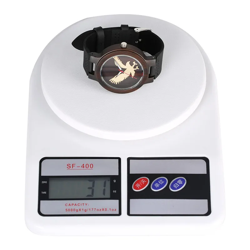 

Chic Sandalwood Case Quartz Watch Movement for Women Men Leather Band Unique Three-dimensional Eagle Pattern Dial Wood Watch