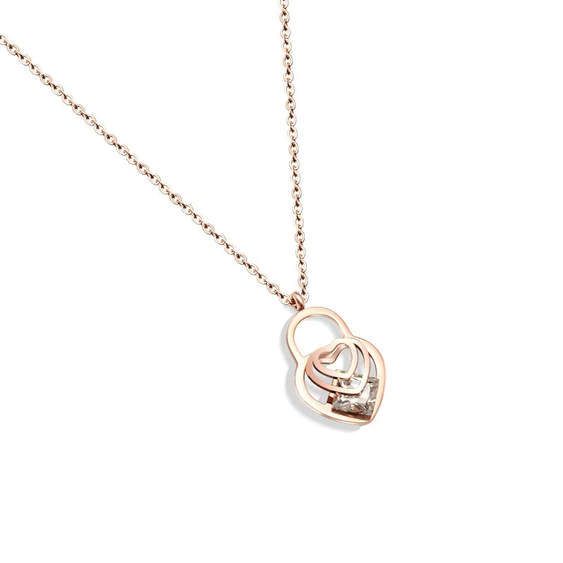 

Hot Sale Hollow Heart With Rhinestone CZ Rose Gold Color Stainless Steel Necklaces
