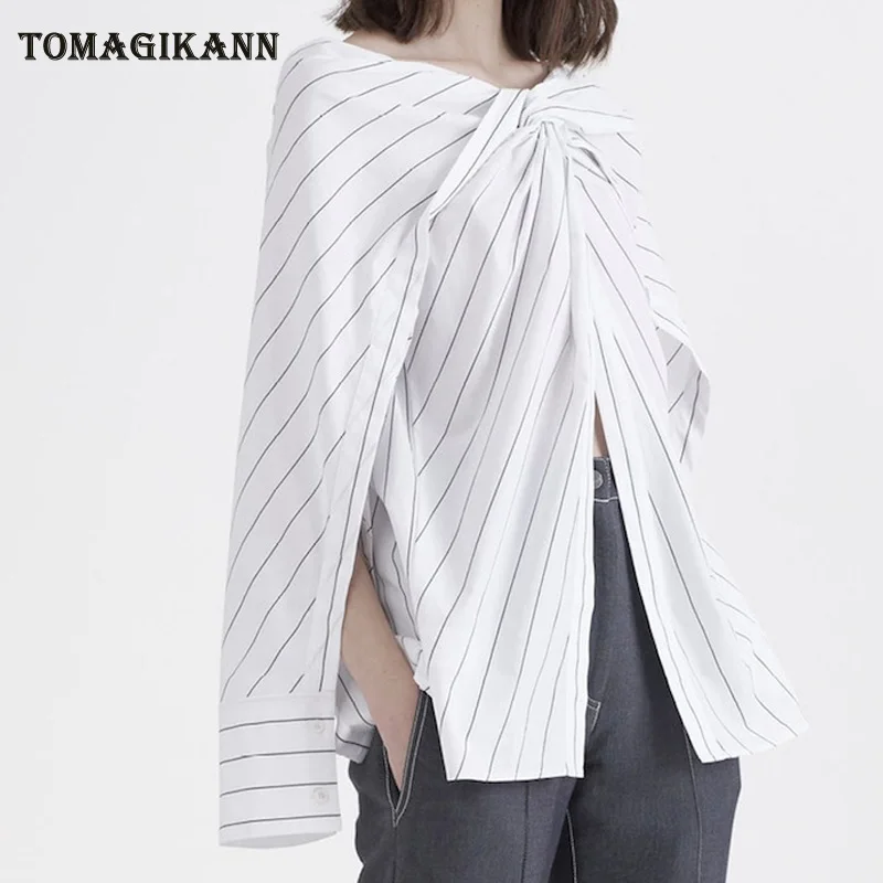 Лето 2019 г. Полосатый крест накрест Тонкий для женщин блузка рубашка открытые руки