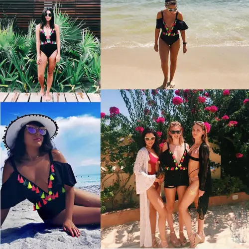 Новые женские цельные бандажные бикини с яркой кисточкой и отделкой летучая мышь