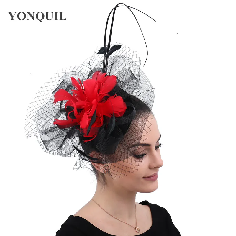 

Kenducky black Big Fascinator hats for women millinery with red feathers decoration occasion headwear women wedding headdress