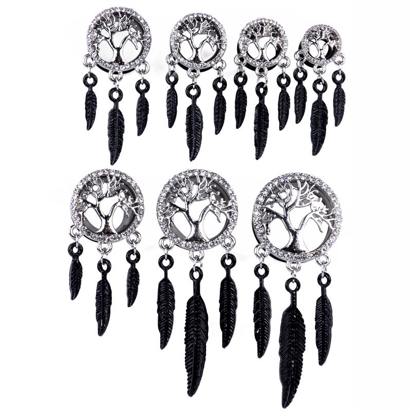 1 Pair Surgical Steel Crystal Tree of Life Feather Dangle Ear Plugs Saddle Flesh Tunnel Gauge Expander Body Piercing Jewelry|Украшения