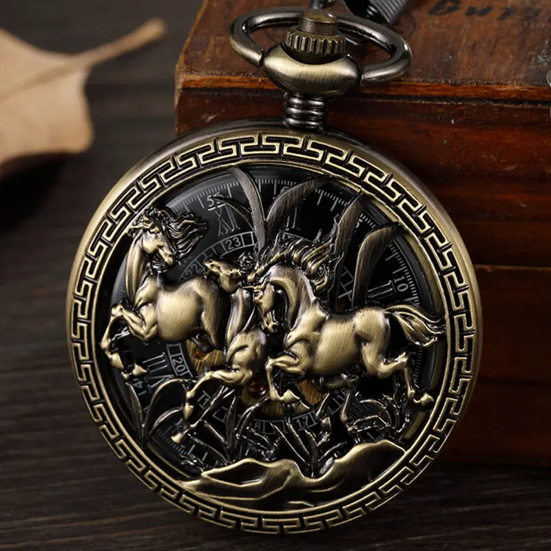 Vintage Bronze Hollow Horse Men Mechanical Pocket Watch Necklace Retro Carved Skeleton Steampunk Fob Hand With Roman Gift | Наручные часы