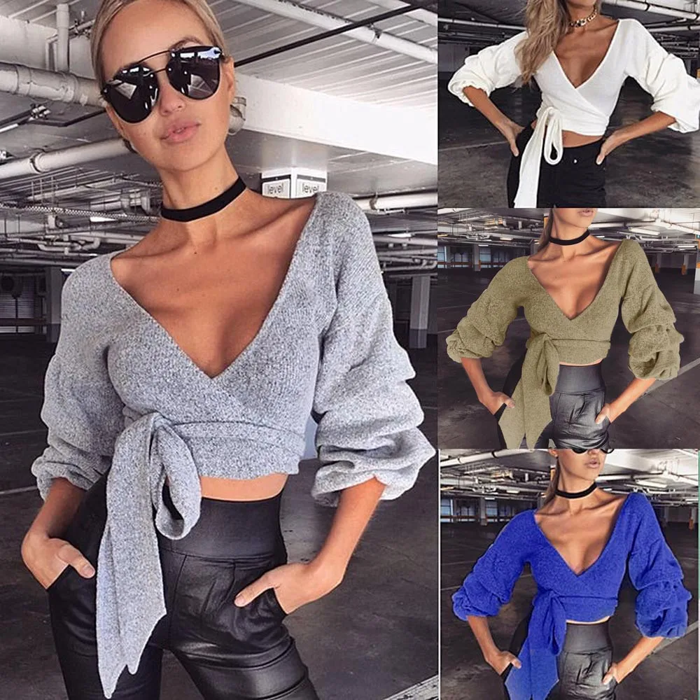 Women Ladies V Neck Knitted Sweater Long Sleeve Casual Crop Top shirts plus size women clothing blusas feminina Poleras de mujer | Женская