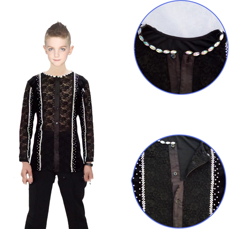 Рубашки для латинских танцев черные кружевные топы мальчиков Сальса Самба ча