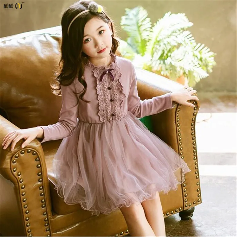 Fashion Lacework Princess Dress Girl Long Sleeve Autumn Mesh Elegant Dresses Kids Girls Clothes 4 5 6 7 8 9 10 11 12 Years | Детская