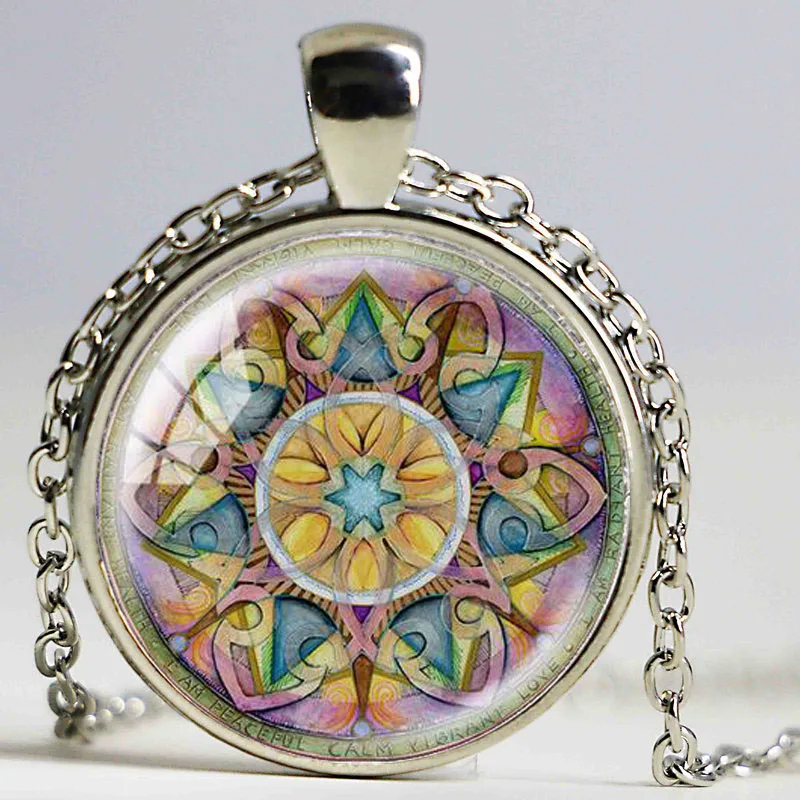 1 шт. чакра кулон ожерелье с серебряным покрытием цепи и yoga Мандала стеклянная