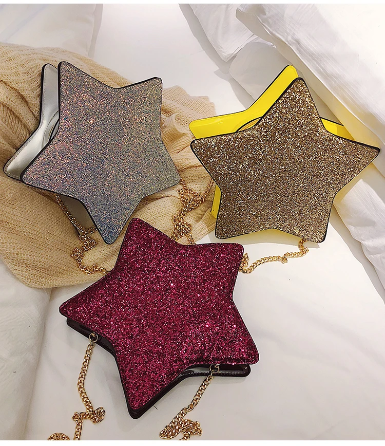 Sequins Stars Style Pu Leather Fashion Casual Ladies Chain Purse Shoulder Bag Tote Crossbody Mini Bag Female Bolsa Handbag Flap