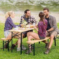 giantex 3 pcs outdoor wood picnic table beer bench dining set folding wooden top patio outdoor furniture op2837