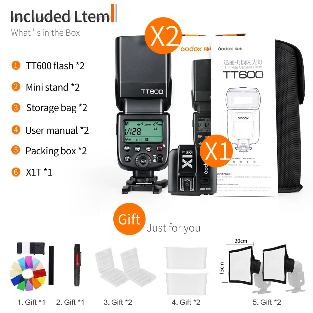 2 шт Godox TT600 2,4G Беспроводная камера вспышки Speedlites с X1T-C передатчиком для Canon 550D 600D 700D 70D 6D+ подарочный набор