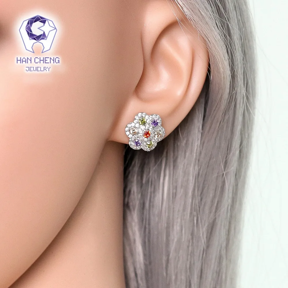 HanCheng New Fashion Copper Silver Plated AAA Zircon CZ Color Gem Stone Flower Stud Earrings For Women Jewelry brincos bijoux | Украшения и