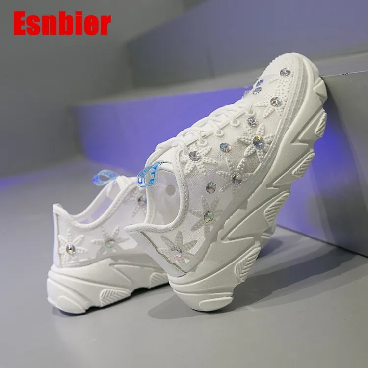 Женская обувь белые кроссовки женская на платформе тонкие сетчатые дышащие