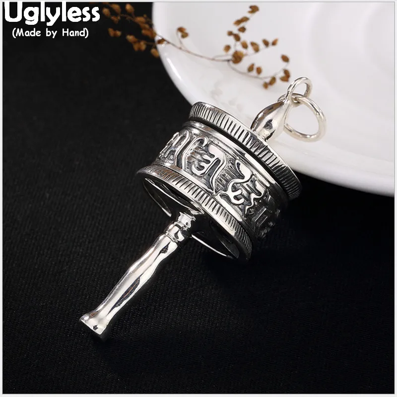 

Uglyless Real 925 Sterling Silver Unisex Tibetan Prayer Wheel Pendant without Chain Engraved Mantra Fine Jewelry Buddhism Relics