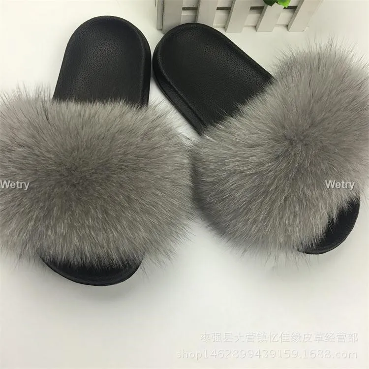Real Fox Fur Slides Брендовые роскошные меховые тапочки; женские шлепанцы с натуральным лисьим мехом; домашние меховые плоские сандалии женские милые пушистые домашние туфли для женщин - Цвет: Real Fox Fur Slides