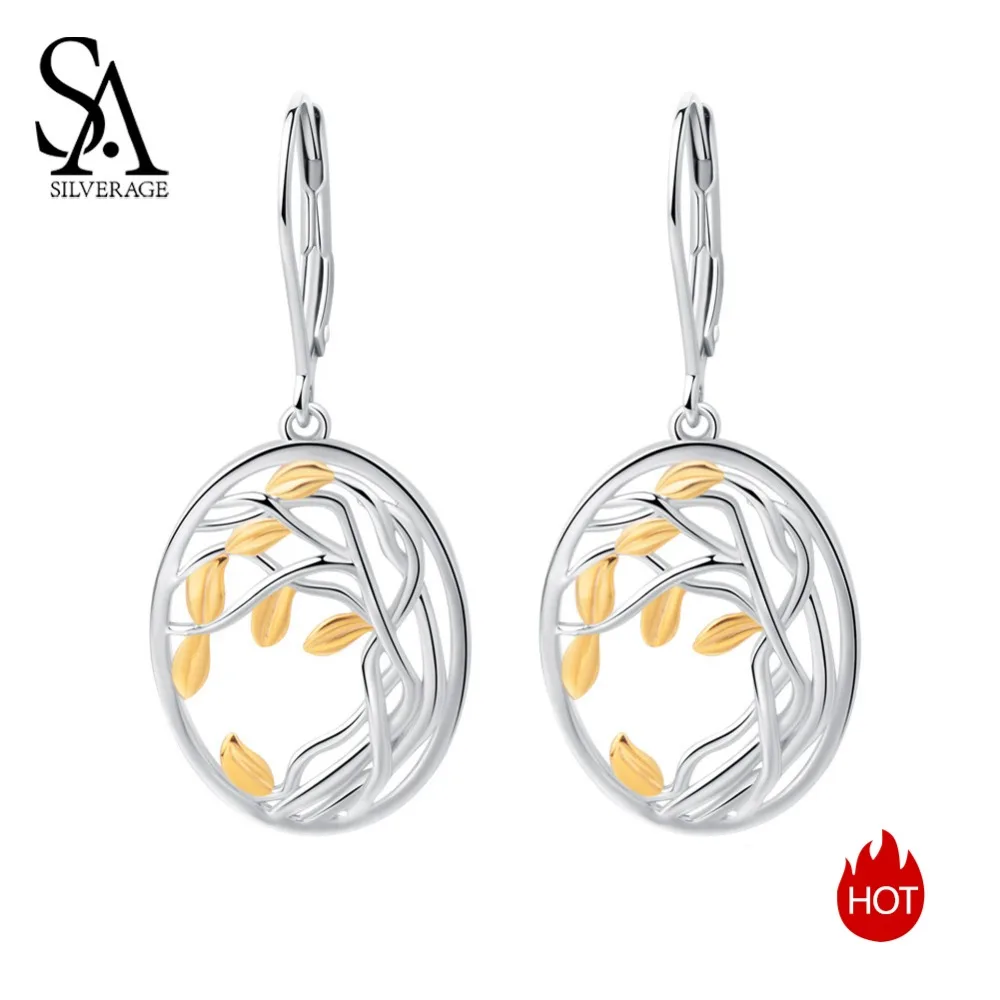 SA SILVERAGE, серебро 925, длинные женские серьги, желтое золото, цвет Brincos, 925 пробы, серебро, дерево жизни, висячие серьги для женщин
