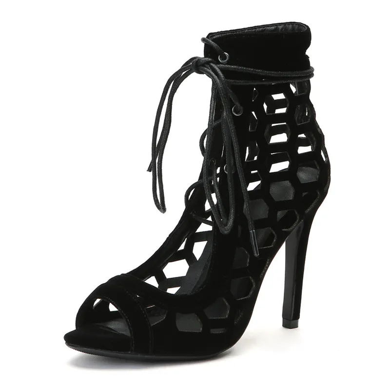 Summer high heels lace up sandals women gladiator hollow out cross strappy ladies shoes sexy black stiletto open toe | Обувь