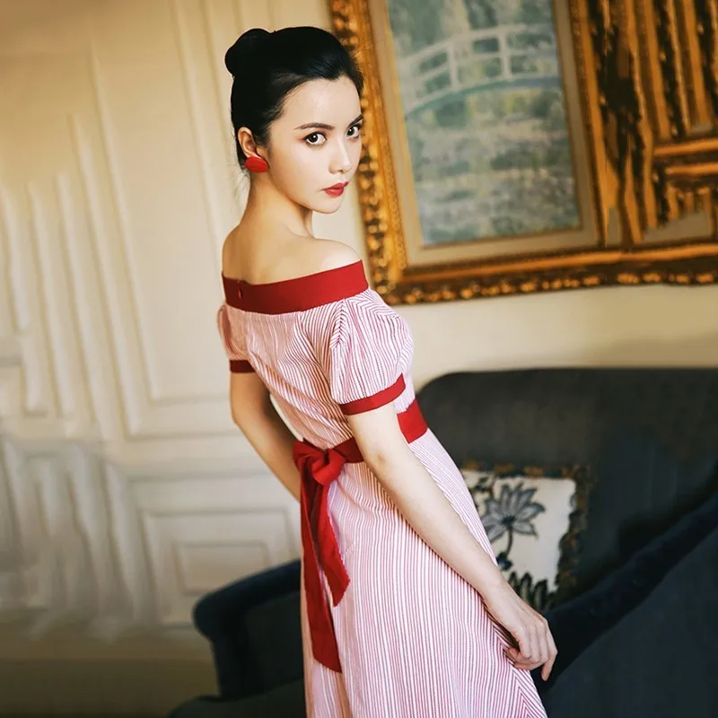 TWOTWINSTYLE Striped Women's Dress Slash Neck Puff Sleeve Tunic High Waist A-Line Midi Dresses Female Summer Vintage Clothes New | Женская