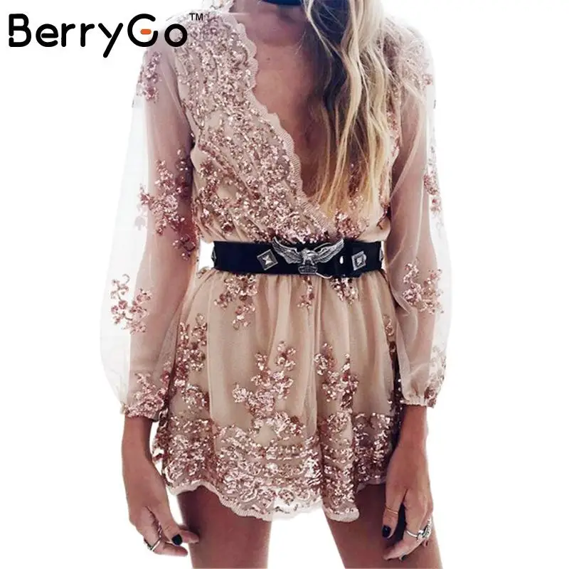 BerryGo Глубокий v блесток playsuit для женщин кисточкой короткие сетки боди Летний