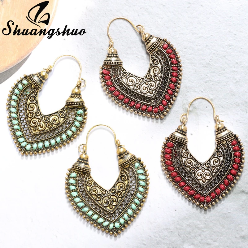 Shuangshuo Ethnic Vintage Carving Hollow Heart Hoop Earrings for Women Pendientes Mujer Brincos Bohemian Big Hoops Earrings