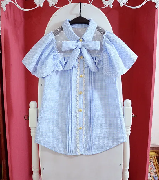 blouse Летний милый японский кружевной джемпер с кружевом и высокой талией; юбка для молодых девушек на подтяжках со съемными лямками; розовые клетчатые юбки в стиле Лолиты - Цвет: blouse