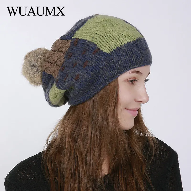 Wuaumx, новые модные вязаные шапочки, зимние шапки с кроличьим мехом и помпоном для женщин, шерстяные шапочки Skullies для девушек, вязаная шапка