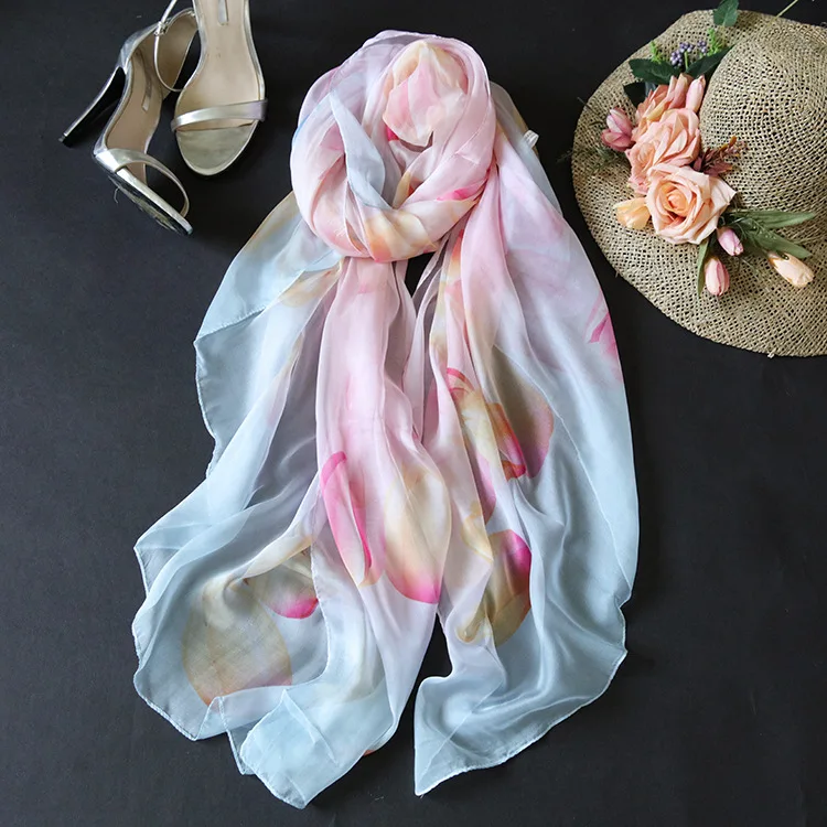 

Новый китайский стиль с цветочным принтом, 100% шарфы, женский длинный шелковый шарф, Пляжная Солнцезащитная шаль