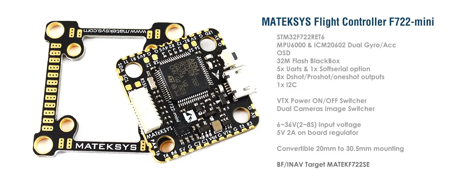 Matek System F722-Mini OSD двойной гироскоп Контроллер полета Acc 32 M Flash 5 V/2A BEC Контроллер полета w/адаптер platte для дрона