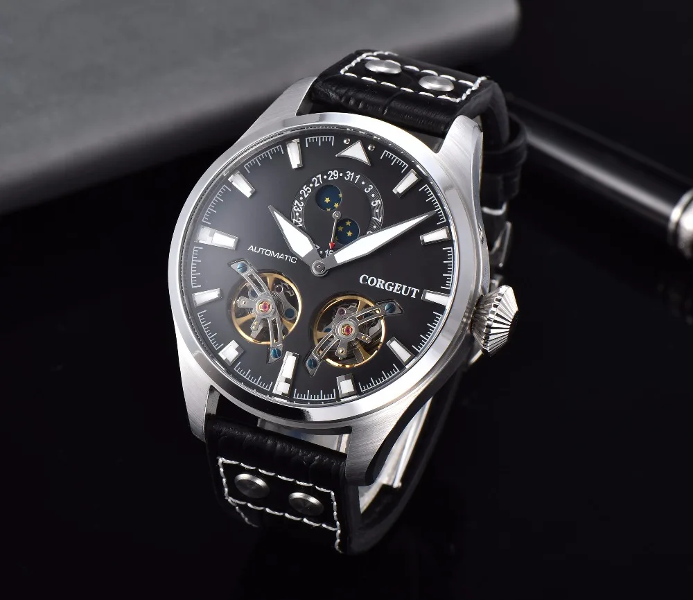 Corgeut 47 мм Чехол Мужские часы Скелет автоматические часы PVD запас хода Tourbillon Мужские механические часы мужские часы подарок