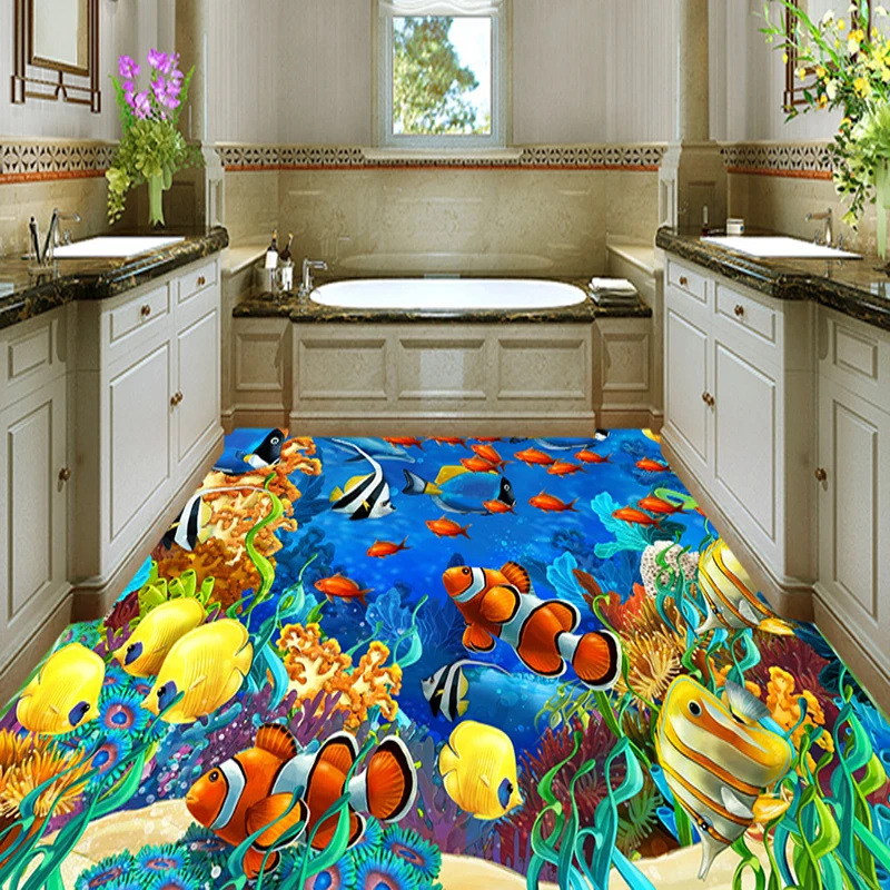 

Custom Self-adhesive Floor Mural Wallpaper 3D Submarine World Tropical Fish Bathroom Kitchen 3 D Floor Tiles Wall Papers Sticker