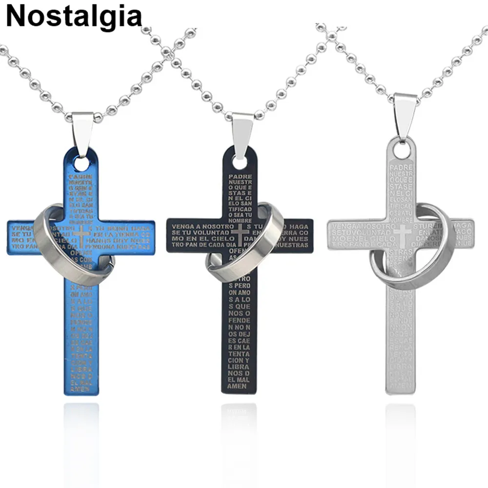 

Nostalgia Religious Cross Pendant Enamel Jesus Necklace Men Women Beads Chain Bible Verses Engraved Pray Christian Jewelry