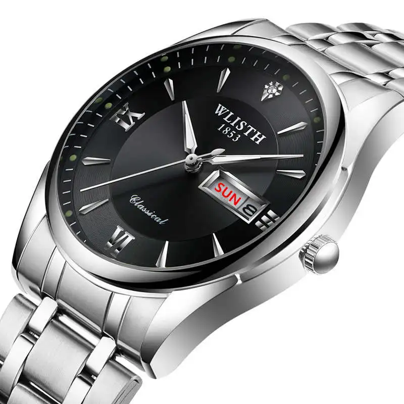 WLISTH Date мужские часы водонепроницаемые наручные из нержавеющей стали