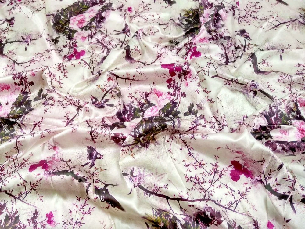 Розовый Plum цветы птица печать китайский стиль Cheongsam шелковый атлас ткань